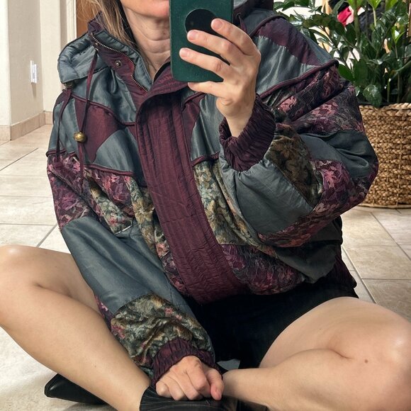 Vintage Patchwork Puffy Coat | 80s 90s Retro Lace + Velvet Hooded Jacket - Picture 3 of 13